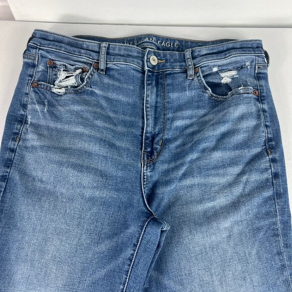 American Eagle Jean Women 32x29 Super Hi Rise Flare Blue Distressed Denim Tag 12 - Picture 2 of 16